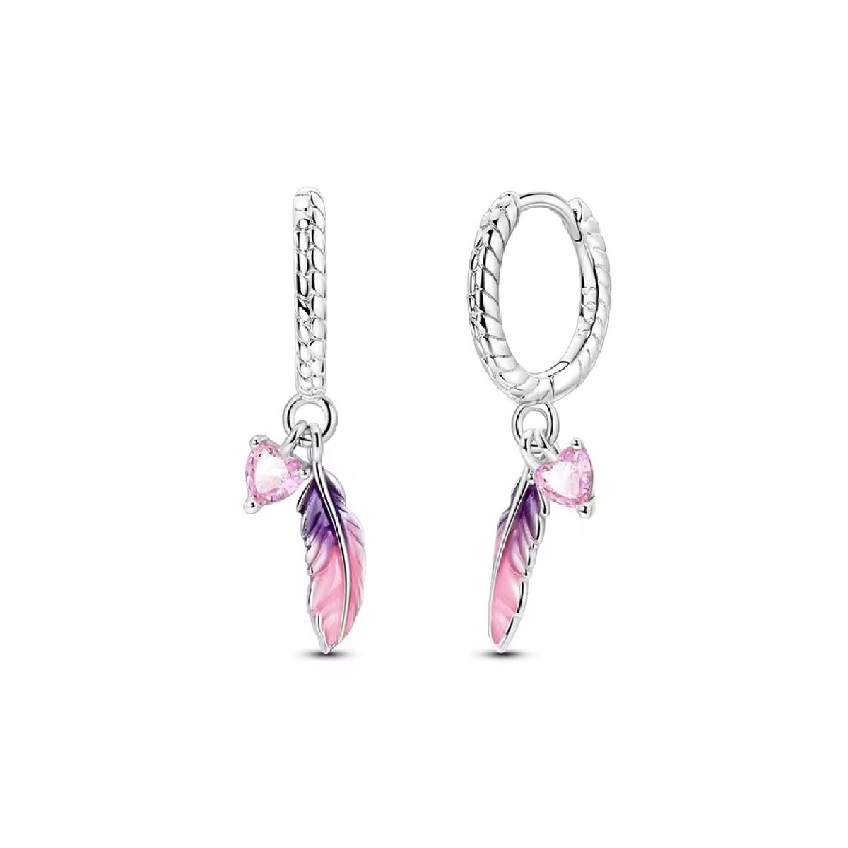 SILVER HEART - Aros Argolla Plumas Y Corazón Rosa en Plata 925 SILVER HEART