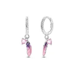 SILVER HEART - Aros Argolla Plumas Y Corazón Rosa en Plata 925