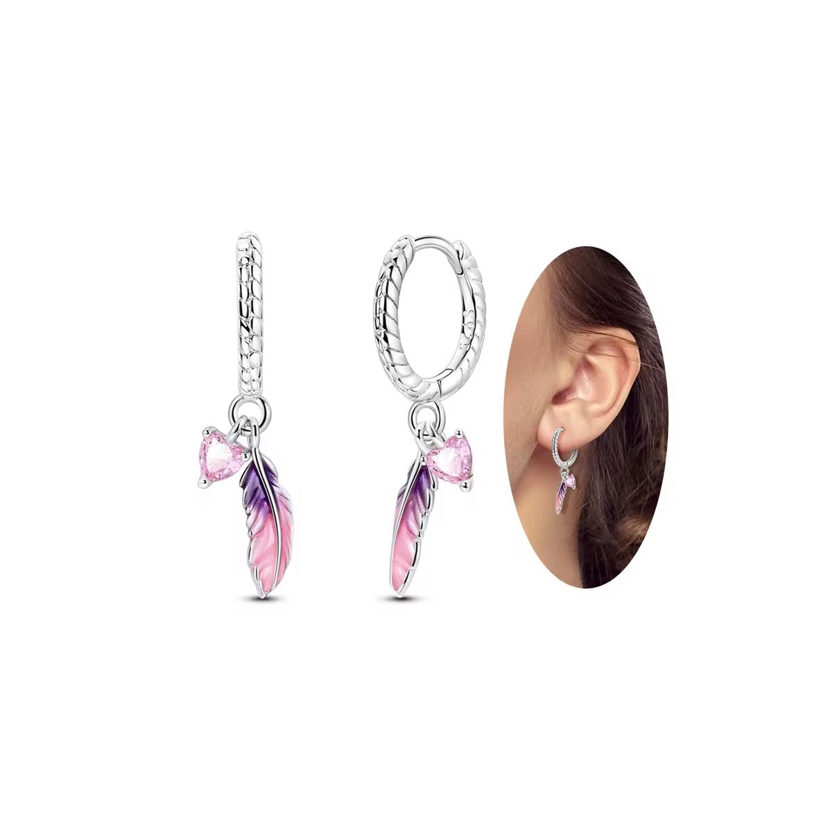 SILVER HEART - Aros Argolla Plumas Y Corazón Rosa en Plata 925 SILVER HEART