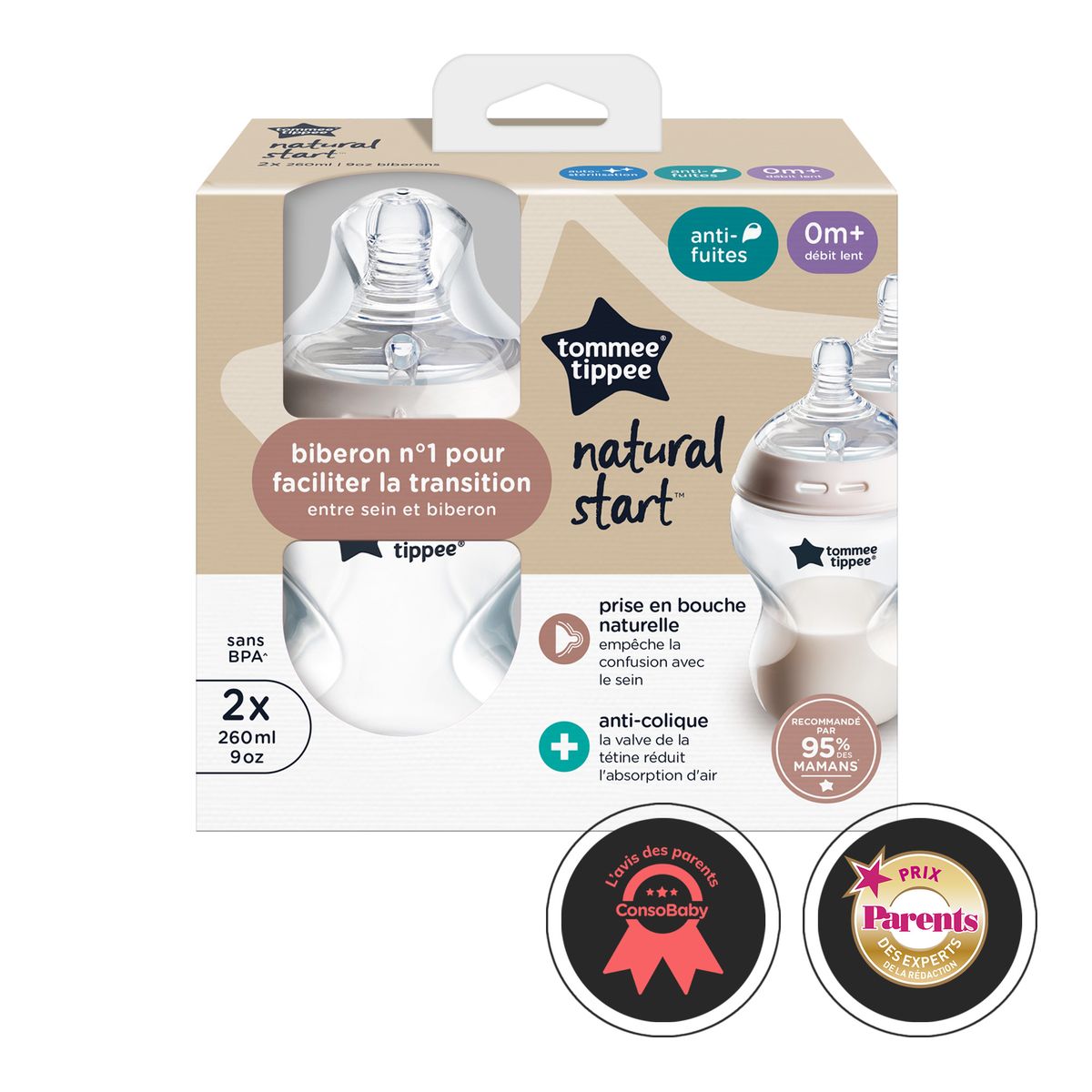TOMMEE TIPPEE - PACK 2 MAMADERAS FLUJO LENTO 260ML NATURAL START 0 MESES+