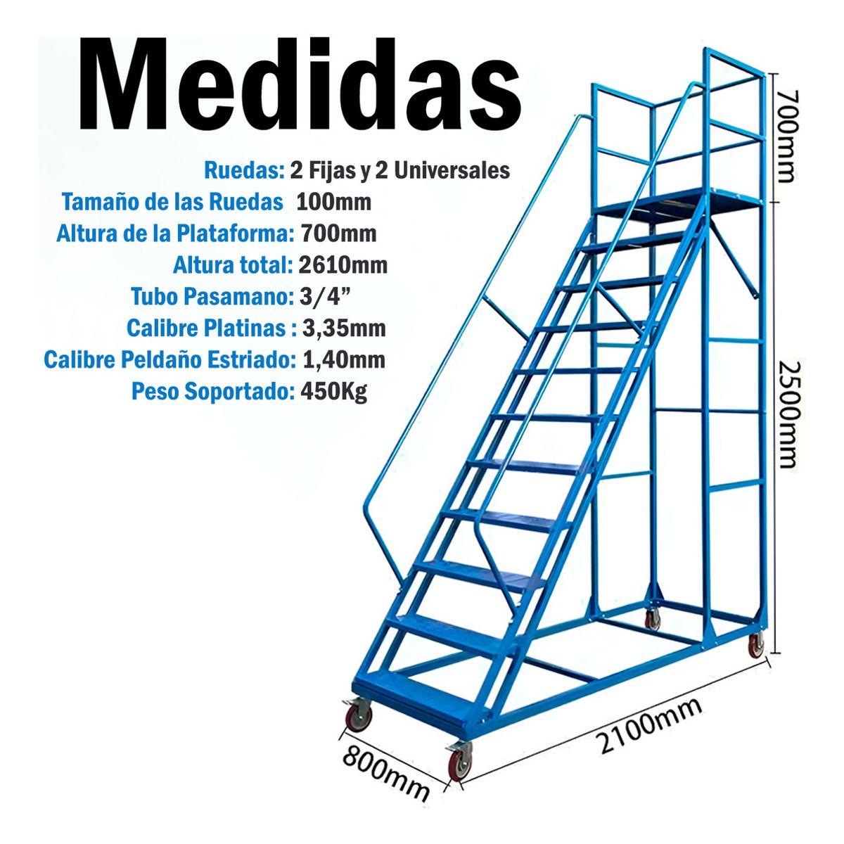 HOMEBRANDT - Escalera Industrial Tipo Avión De 10 Peldaños Con Plataforma De  2.5 m 550kg