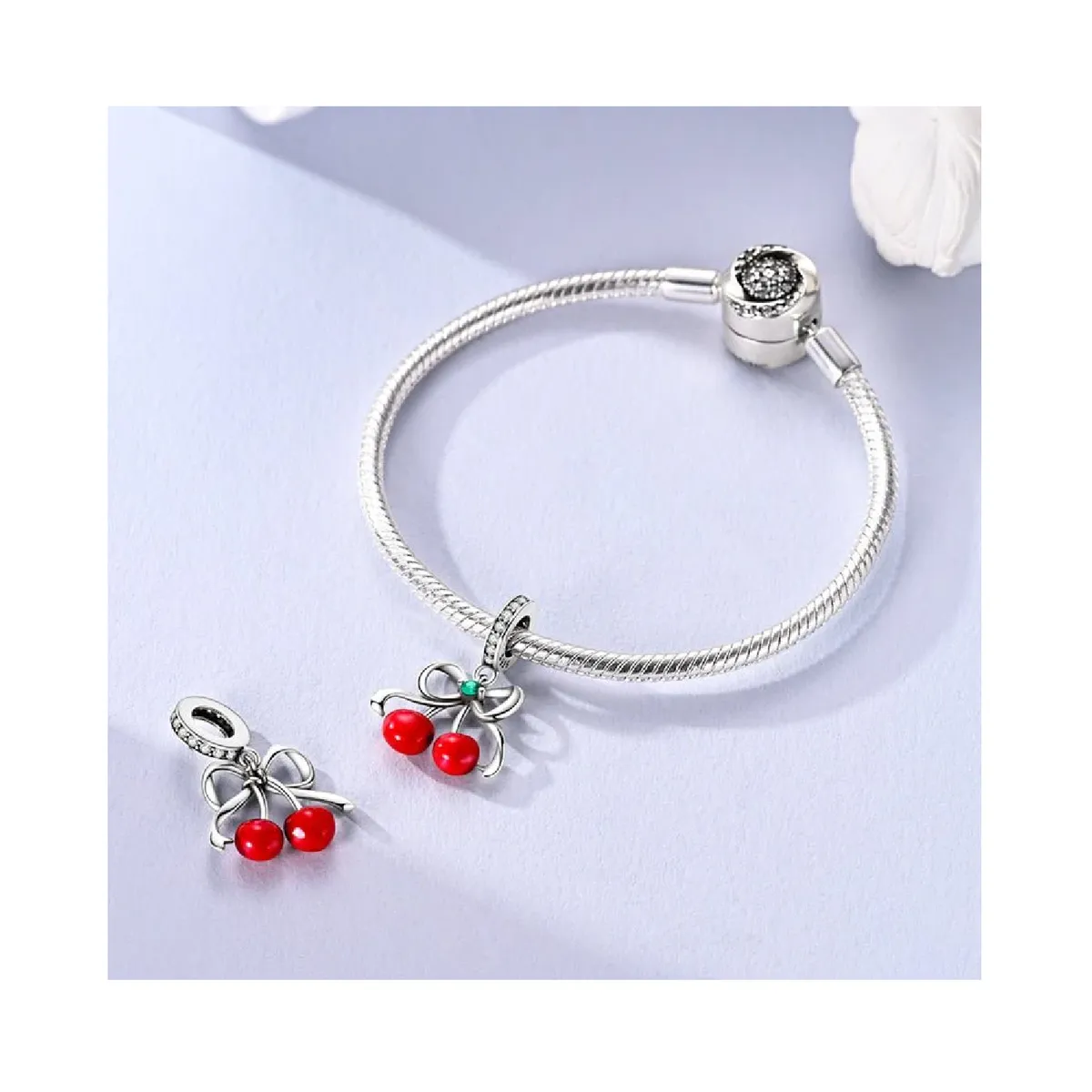 SILVER HEART - Charm Cerezas Guindas Y Lazo en Plata Fina 925 SILVER HEART