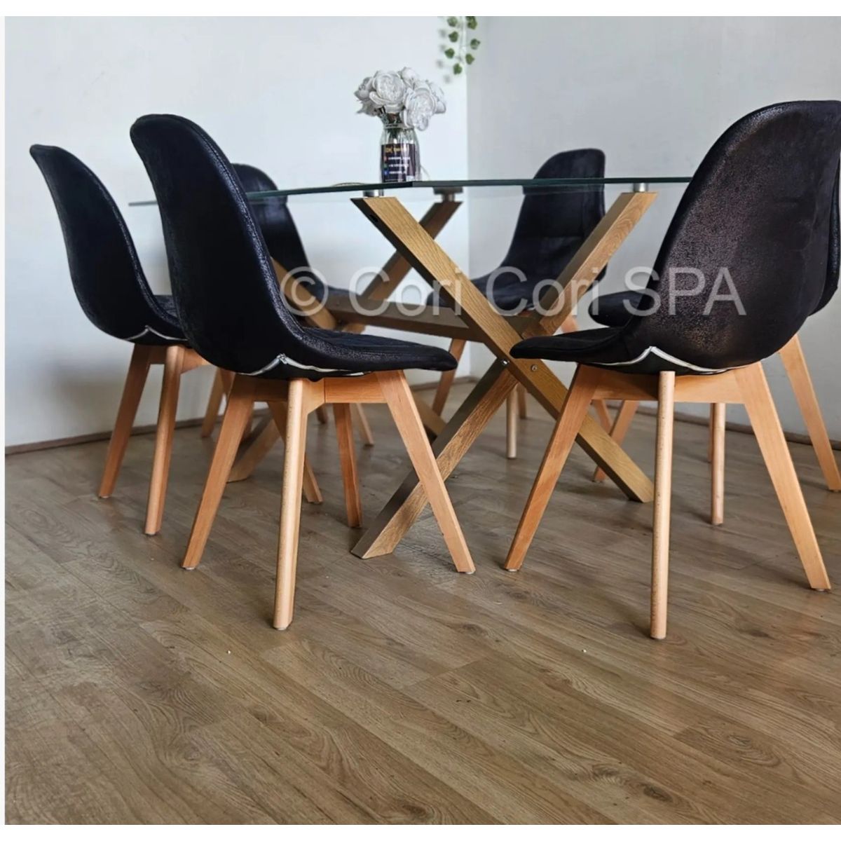 CORI CORI - Comedor Mesa Medlock 140x90cm + 6 Sillas Capitonne Ecocuero Vintage