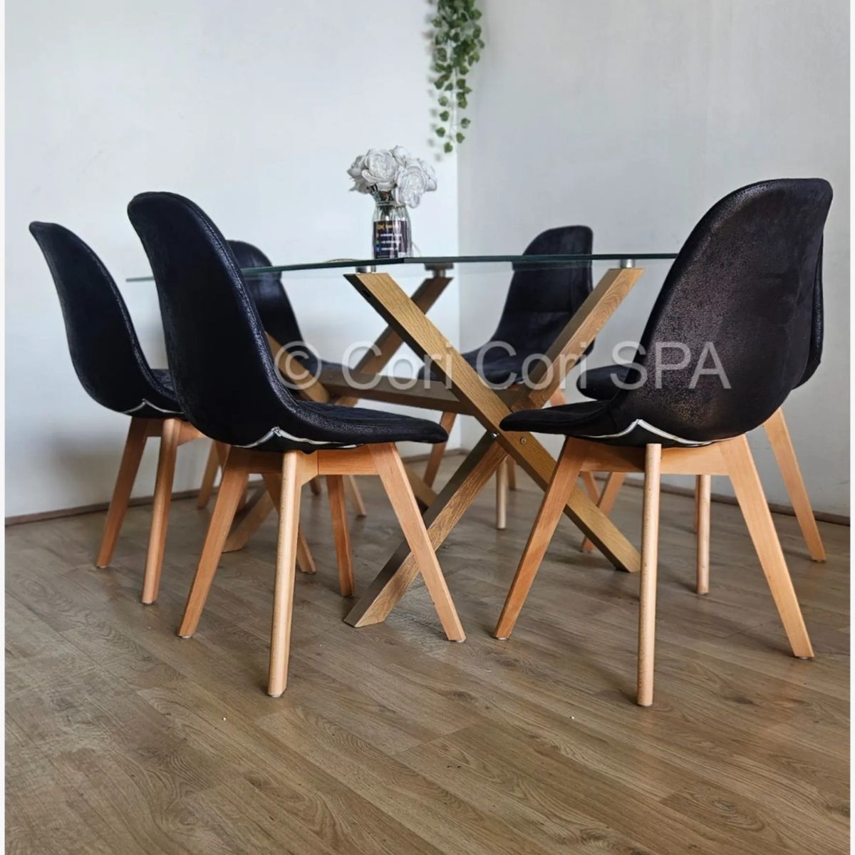 CORI CORI - Comedor Mesa Medlock 140x90cm + 6 Sillas Capitonne Ecocuero Vintage