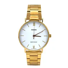 CASIO - Reloj caballero MTP-VT01G-7B correa acero dorada fondo blanco