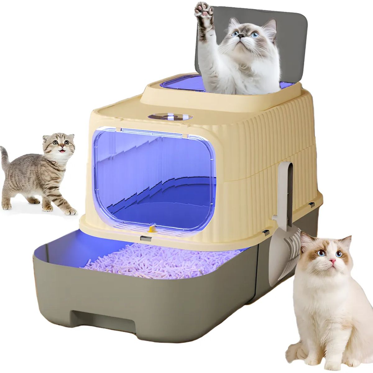 GENERICO - Arenero Para Gatos 49×37×37cm Grande Arenero Cerrado Plástico Para Gato Con Luz Ultravioleta Y Pala Para Arena Fácil De Limpiar Resistente A Olores Y Salpicaduras