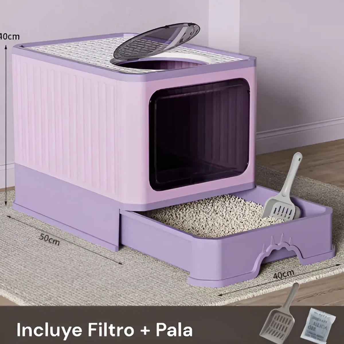 GENERICO - Arenero Bandeja Sanitaria Grande Gato Cerrado Filtro Y Pala Lila
