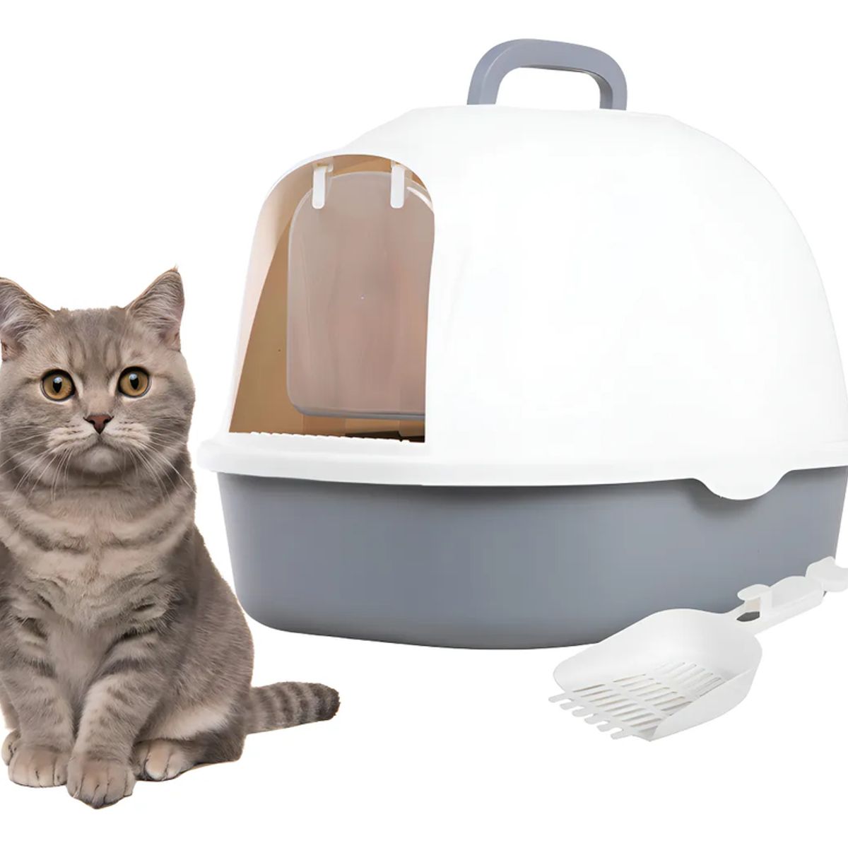 GENERICO - Arenero Para Gatos Grande Cerrado Con Pala Filtro Y Puerta Color Gris Claro