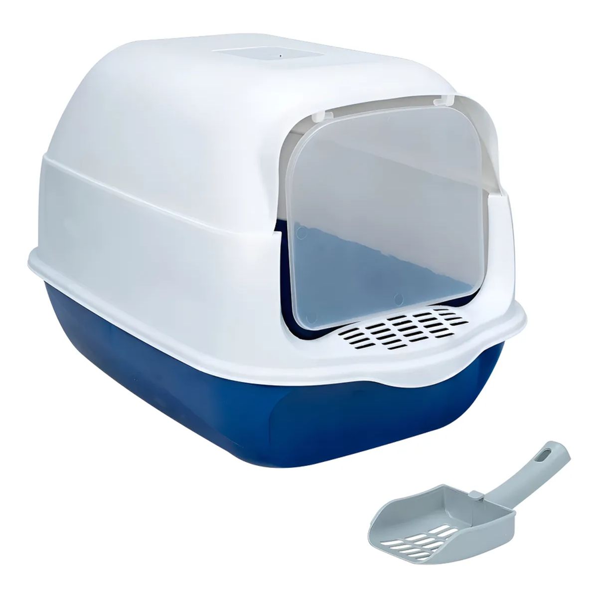 GENERICO - Arenero Sanitario Para Gato Cerrado Con Pala Puerta Abatible Color Azul Marino