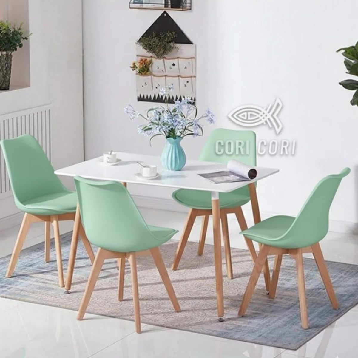 CORI CORI - Juego de Comedor Mesa Rectangular Melamina Blanca 120x80cm + 4 Sillas Tulip
