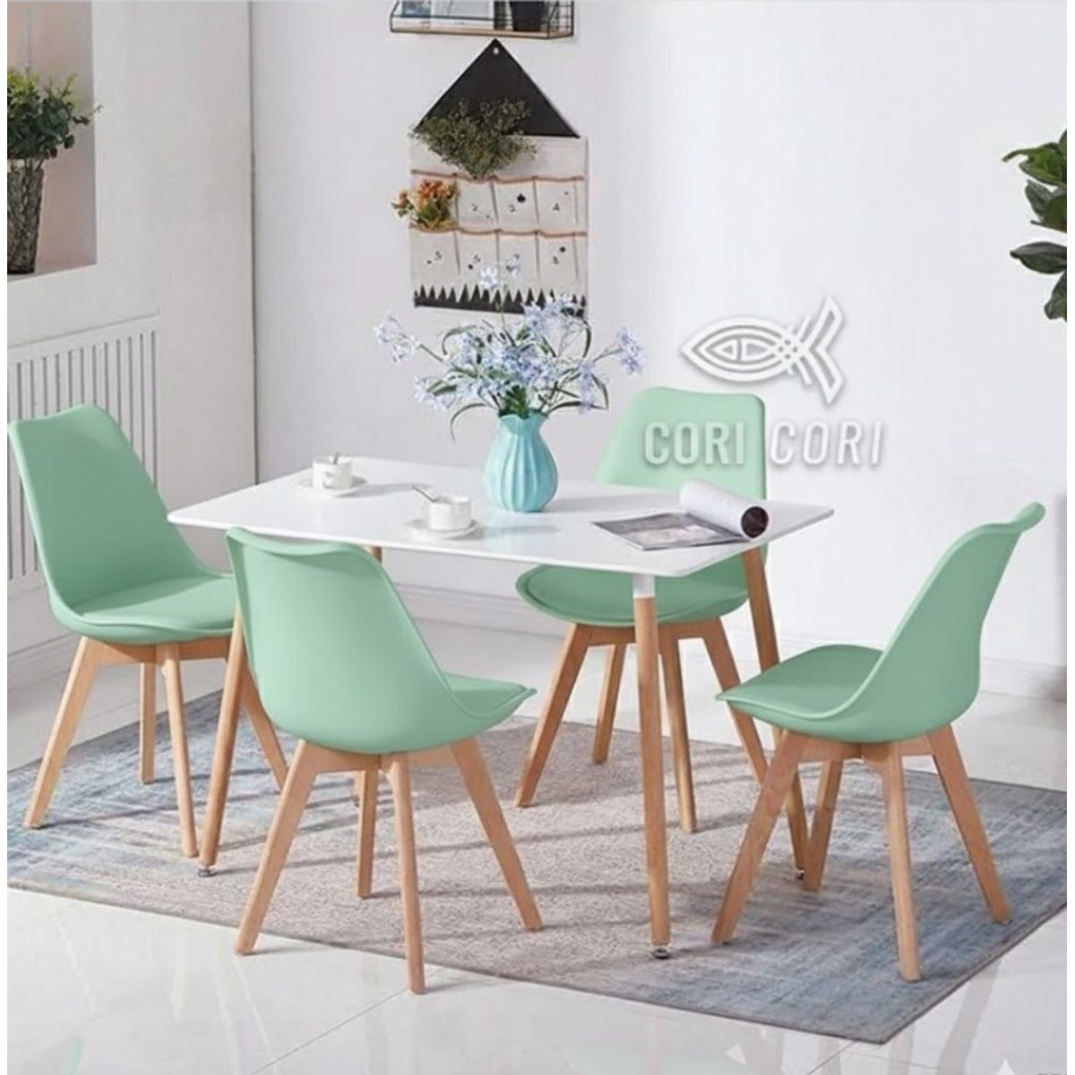 CORI CORI - Juego de Comedor Mesa Rectangular Melamina Blanca 120x80cm + 4 Sillas Tulip