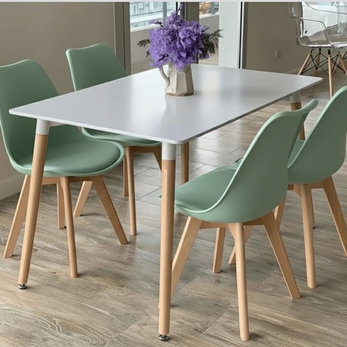 CORI CORI - Juego de Comedor Mesa Rectangular Melamina Blanca 120x80cm + 4 Sillas Tulip