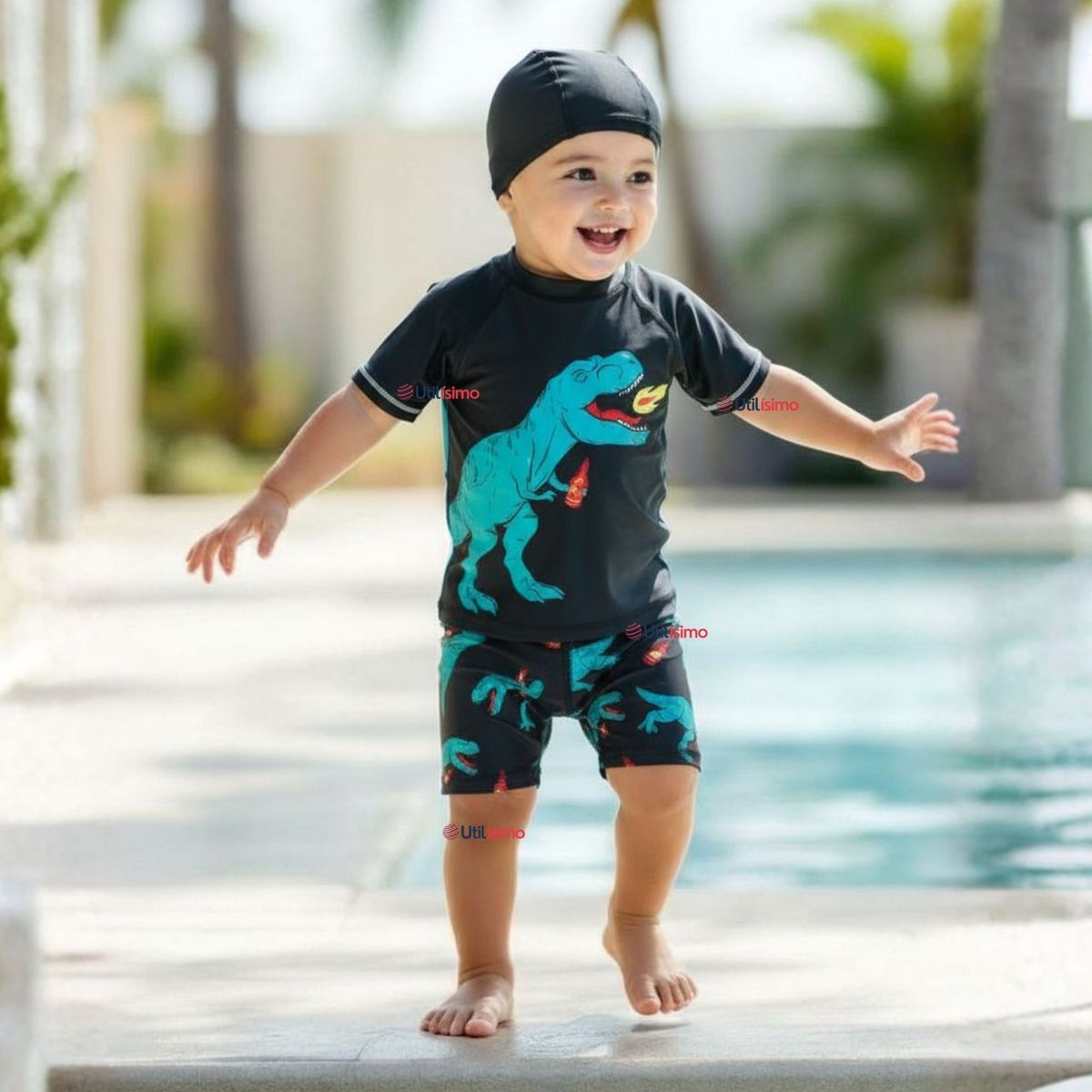 JUMP KIDS - Traje De Baño Polera Manga Corta Pantalón Corto y Gorro 3 piezas Corte Split Niño de 3 a 9 Años Dino