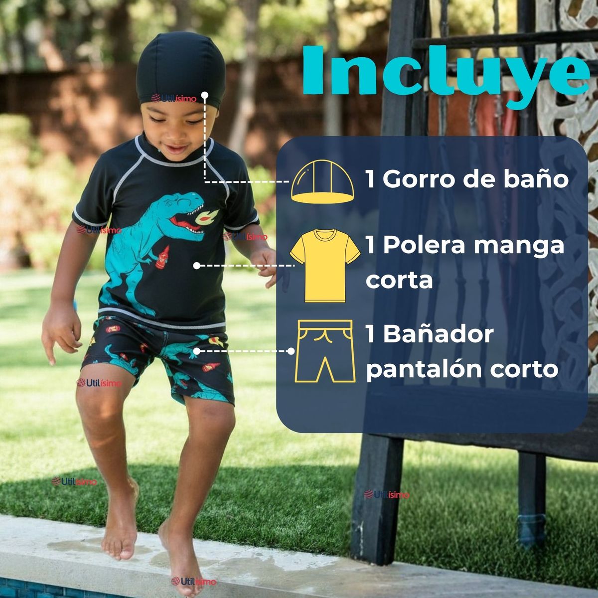 JUMP KIDS - Traje De Baño Polera Manga Corta Pantalón Corto y Gorro 3 piezas Corte Split Niño de 3 a 9 Años Dino