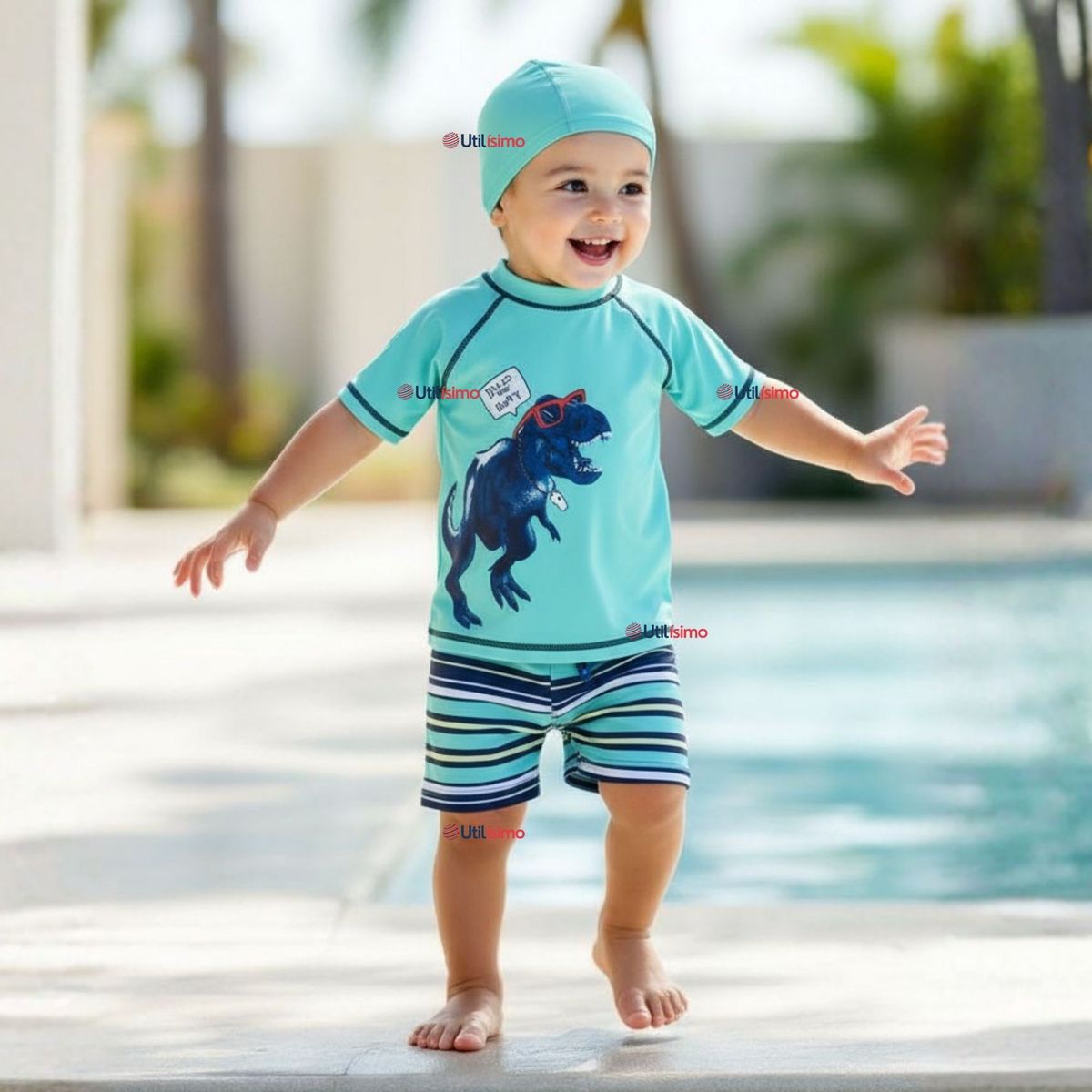 JUMP KIDS - Traje De Baño Polera Manga Corta Pantalón Corto y Gorro 3 piezas Corte Split Niño de 3 a 9 Años Dino