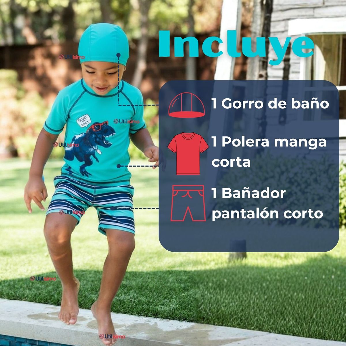 JUMP KIDS - Traje De Baño Polera Manga Corta Pantalón Corto y Gorro 3 piezas Corte Split Niño de 3 a 9 Años Dino