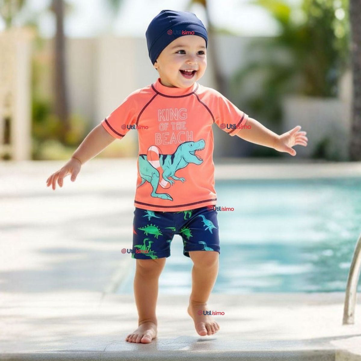 JUMP KIDS - Traje De Baño Polera Manga Corta Pantalón Corto y Gorro 3 piezas Corte Split Niño de 3 a 9 Años Dino