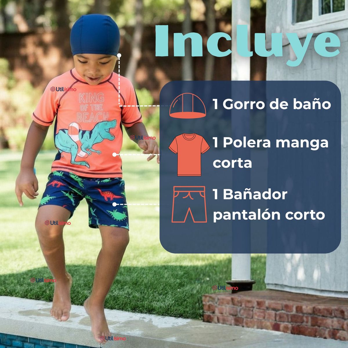 JUMP KIDS - Traje De Baño Polera Manga Corta Pantalón Corto y Gorro 3 piezas Corte Split Niño de 3 a 9 Años Dino