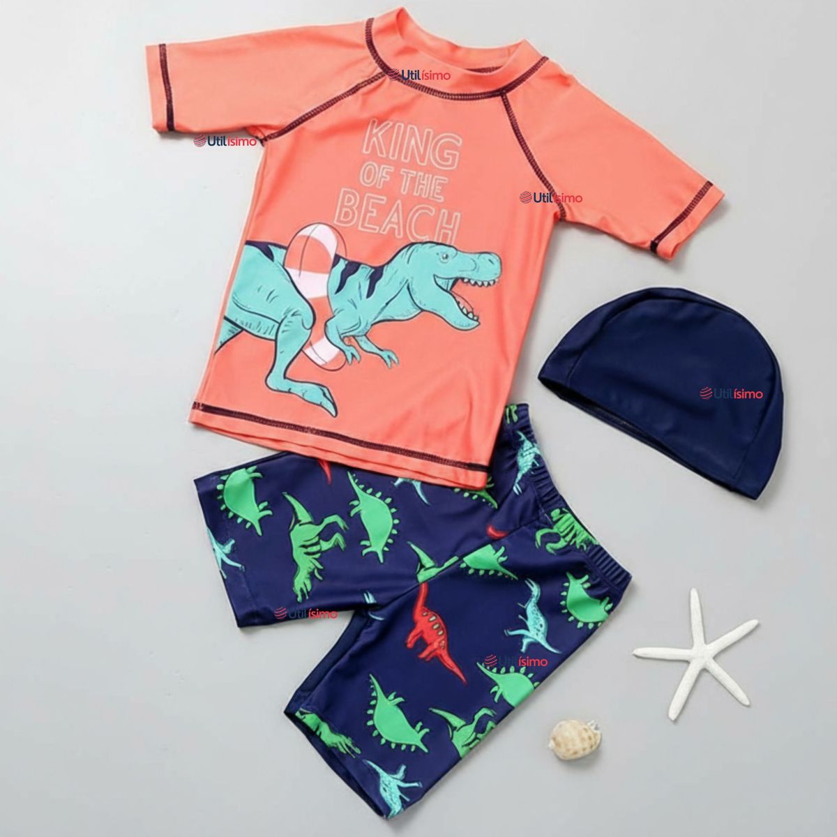 JUMP KIDS - Traje De Baño Polera Manga Corta Pantalón Corto y Gorro 3 piezas Corte Split Niño de 3 a 9 Años Dino