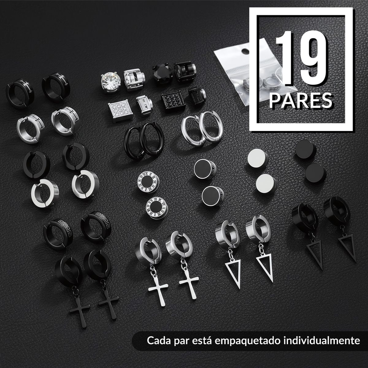 SLOWTON - Juego de 19 Pares de Estilos Aretes para Hombre y Mujer acero inoxidable