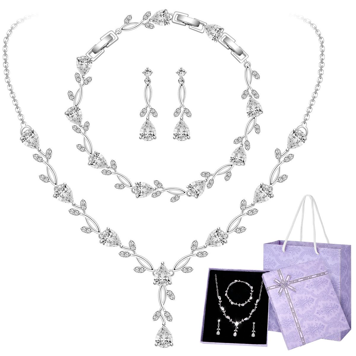 SLOWTON - Aretes y Collar y Pulsera de Cristal para Mujer  Boda Juego de Joyería 4 PCS