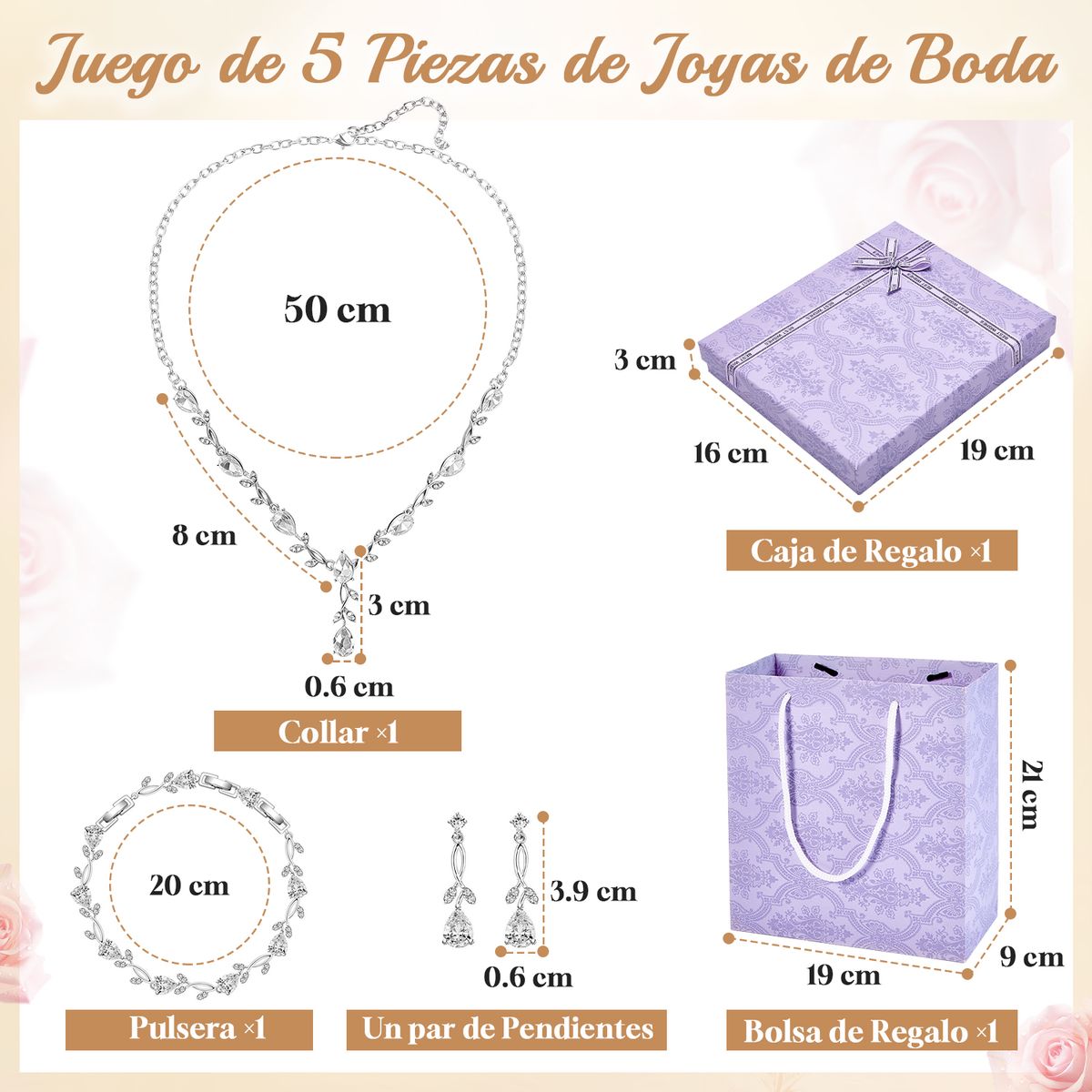 SLOWTON - Aretes y Collar y Pulsera de Cristal para Mujer  Boda Juego de Joyería 4 PCS