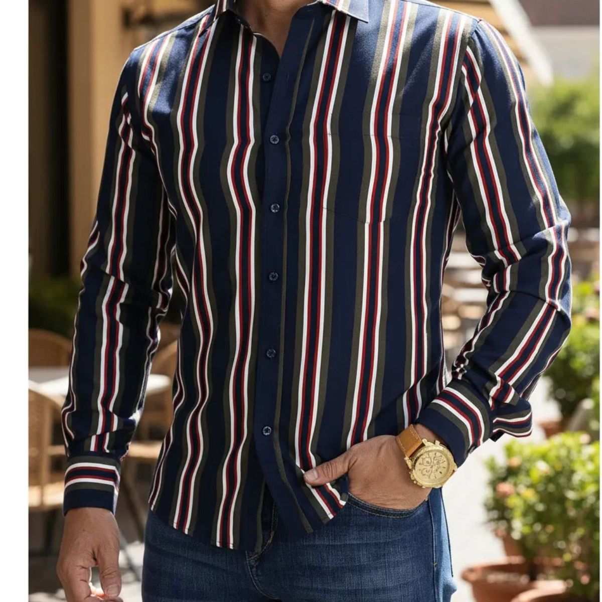 XPRESS RECHARGE - Camisa de vestir manga larga con rayas para hombre  Elegancia moderna y estilo formal casual