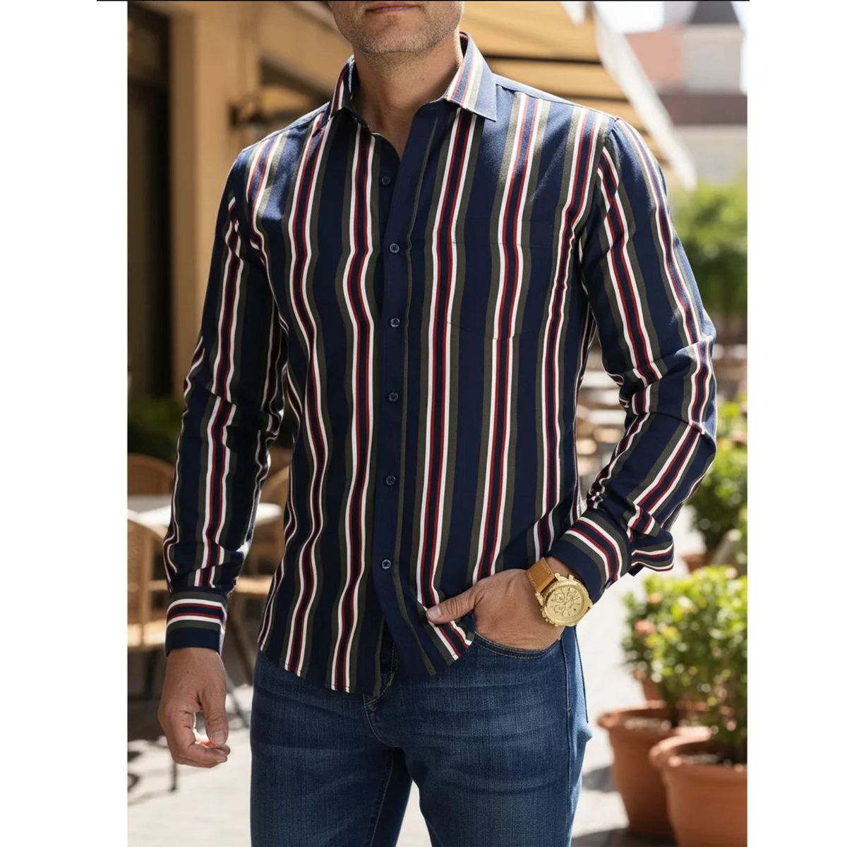 XPRESS RECHARGE - Camisa de vestir manga larga con rayas para hombre  Elegancia moderna y estilo formal casual