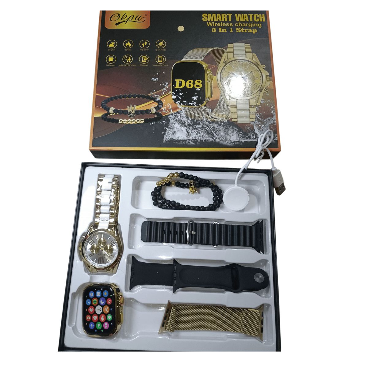 UNIVERSAL - Reloj D68 inteligente smartwatch Dorado 2 Reloj con 3 correas + pulseras