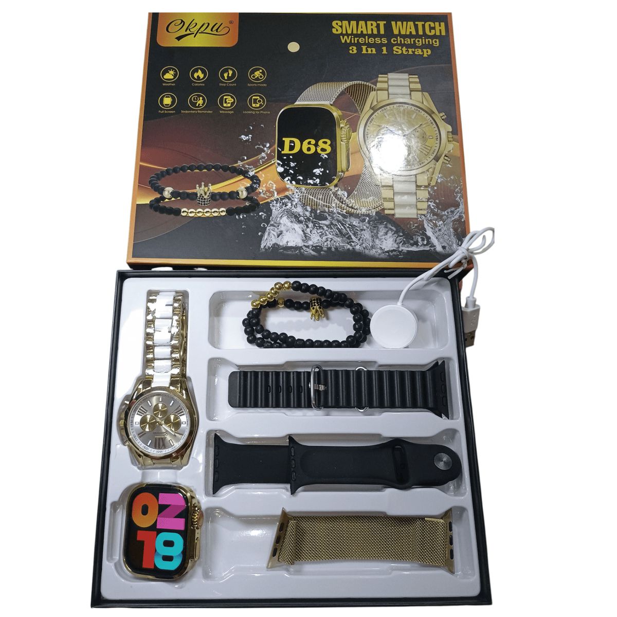 UNIVERSAL - Reloj D68 inteligente smartwatch Dorado 2 Reloj con 3 correas + pulseras