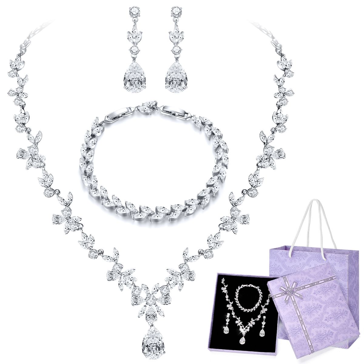 SLOWTON - Aretes y Collar y Pulsera de Cristal para Mujer  Boda Juego de Joyería 4 PCS