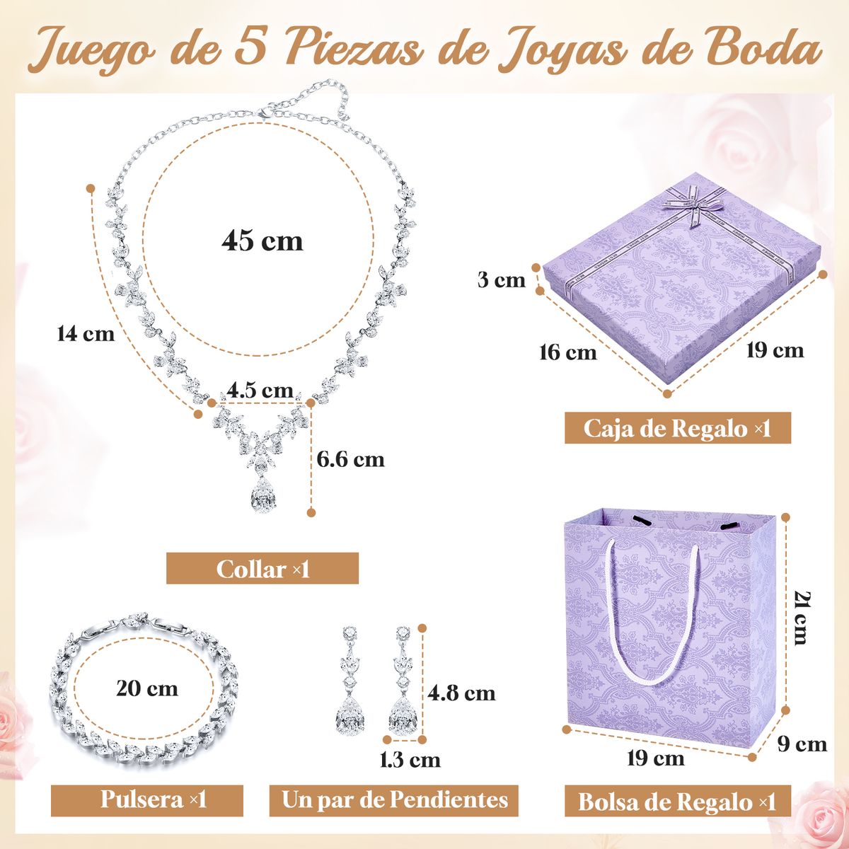 SLOWTON - Aretes y Collar y Pulsera de Cristal para Mujer  Boda Juego de Joyería 4 PCS