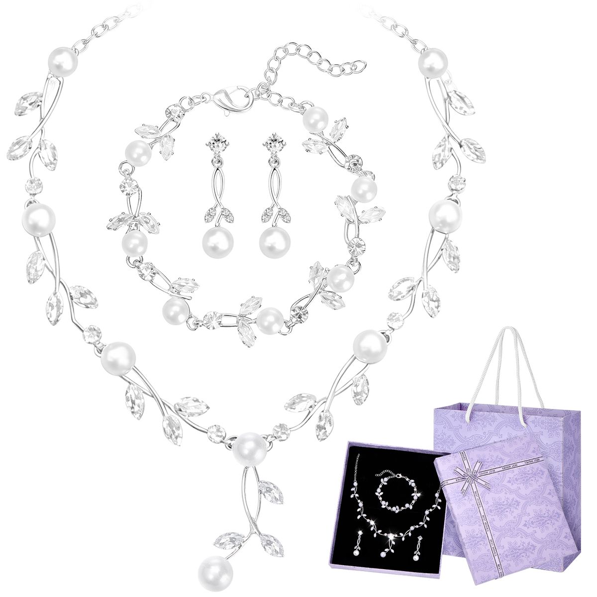 SLOWTON - Aretes y Collar y Pulsera de Cristal para Mujer  Boda Juego de Joyería 4 PCS