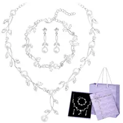 SLOWTON - Aretes y Collar y Pulsera de Cristal para Mujer Boda Juego de Joyería 4 PCS