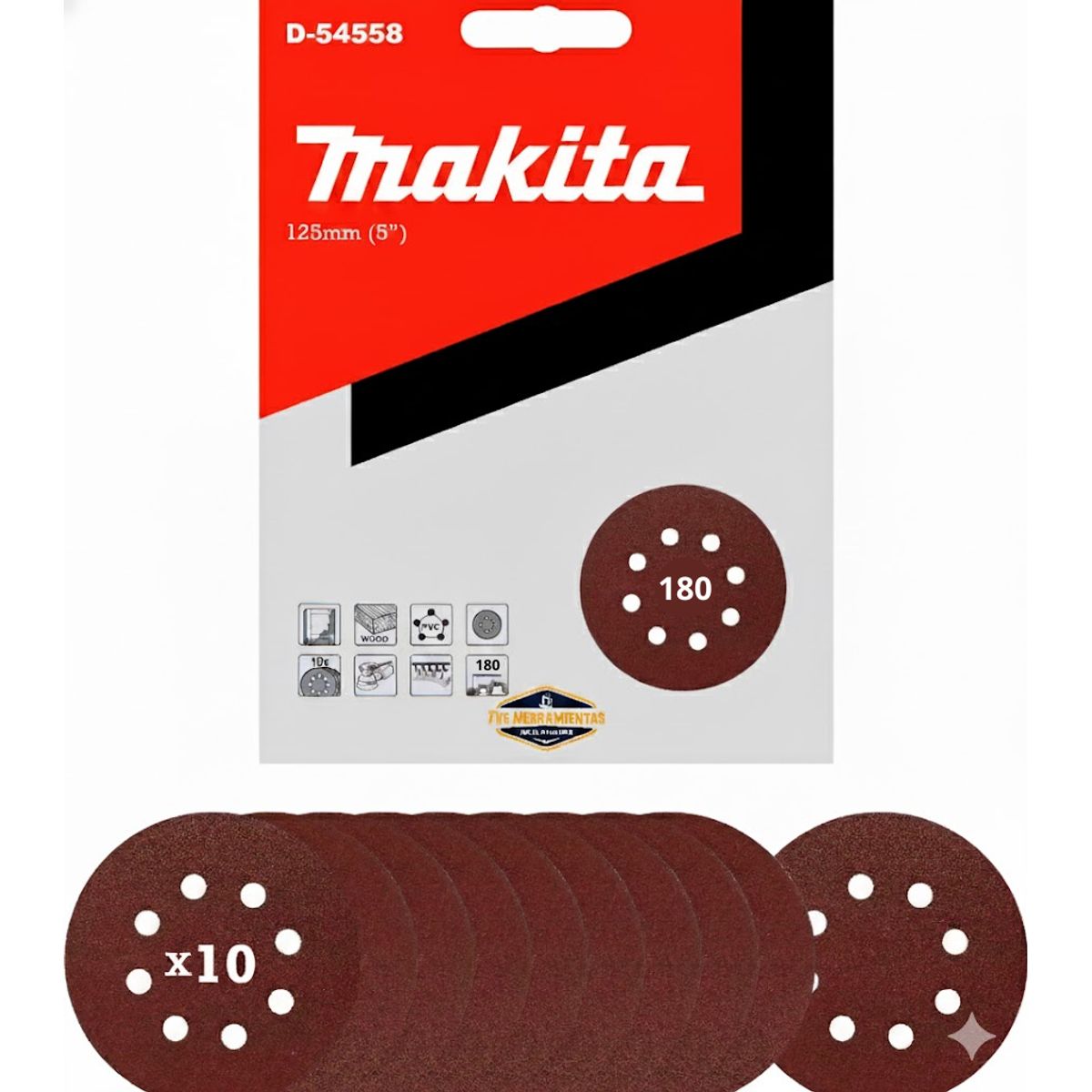 MAKITA - 10 Discos Lija Con Velcro 125mm (5) Grano 180 Makita D-54558