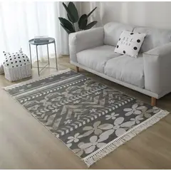 DIANA - ALFOMBRA DE ALGODON Y LINO GRIS CON DISEÑO FLORES 160cm x 200cm