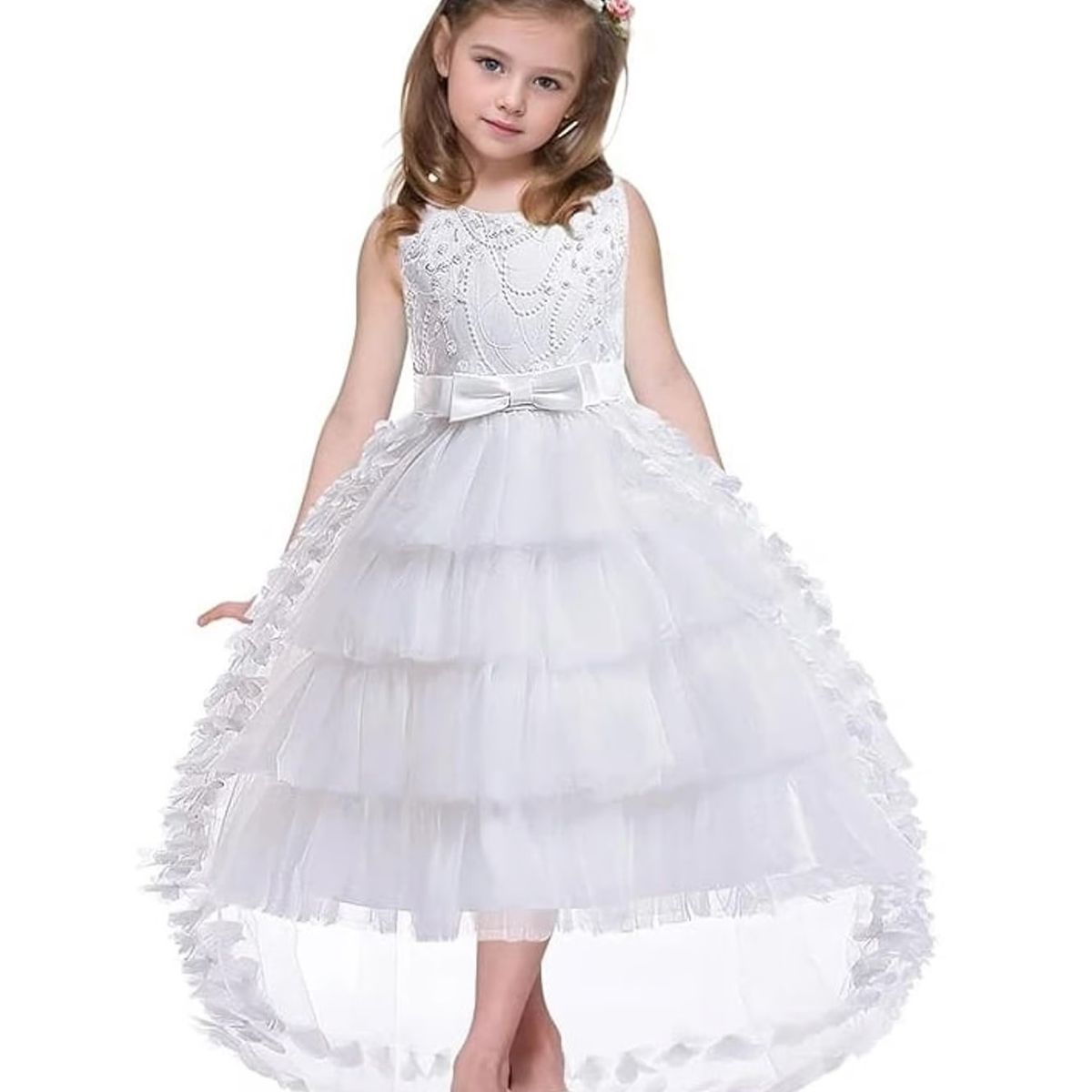 ALMA & DECO - Vestido Bautizo Paje Fiesta Modelo Flor Blanco con Lazo Ajustable