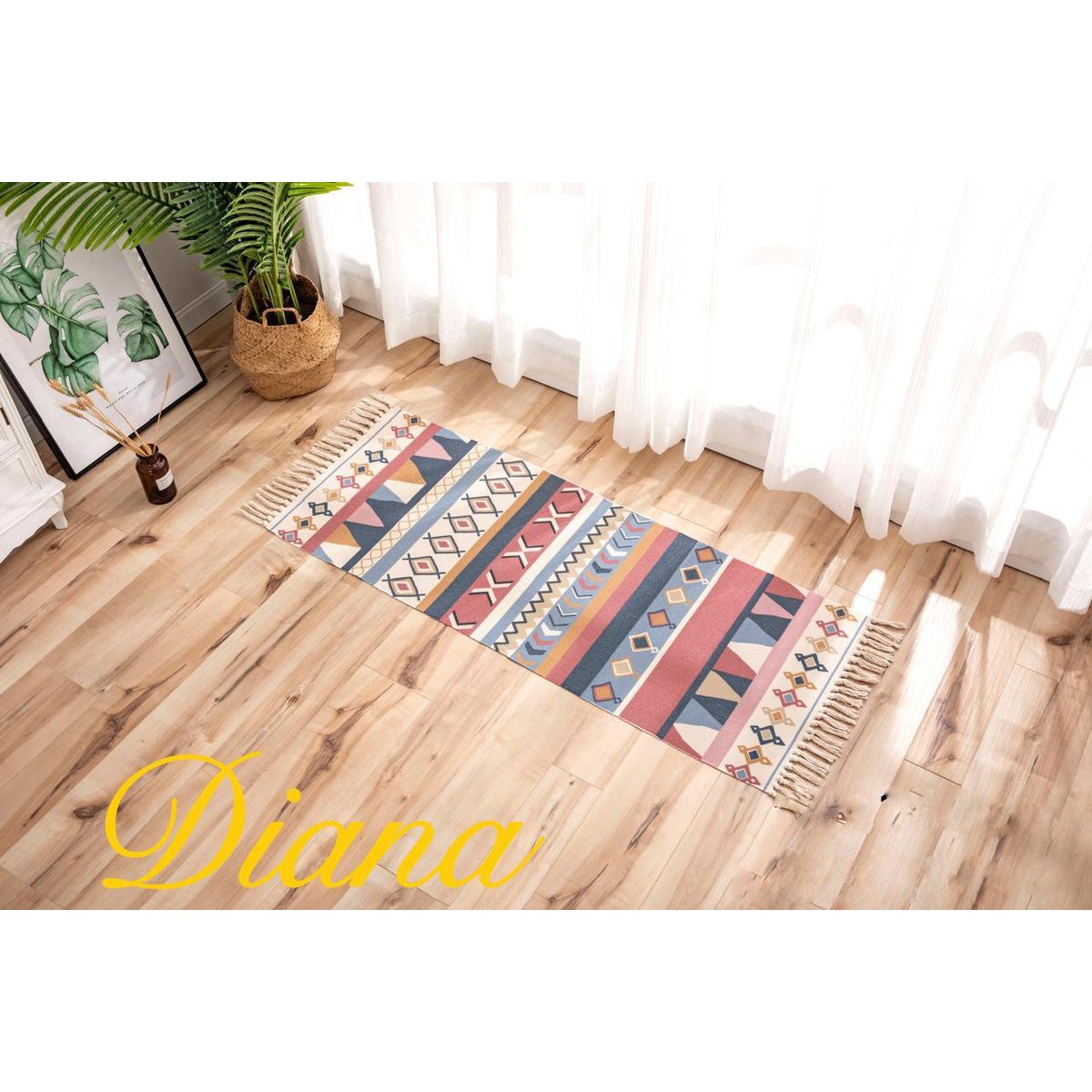 DIANA - BAJADA DE CAMA ALFOMBRA DE ALGODON Y LINO 60CM X 150CM CON DISEÑO ESTILO INDIO