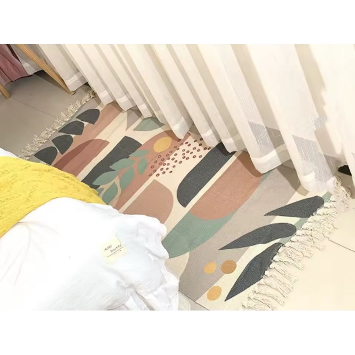 DIANA - BAJADA DE CAMA ALFOMBRA DE ALGODON Y LINO 60CM X 150CM CON DISEÑO HOJAS