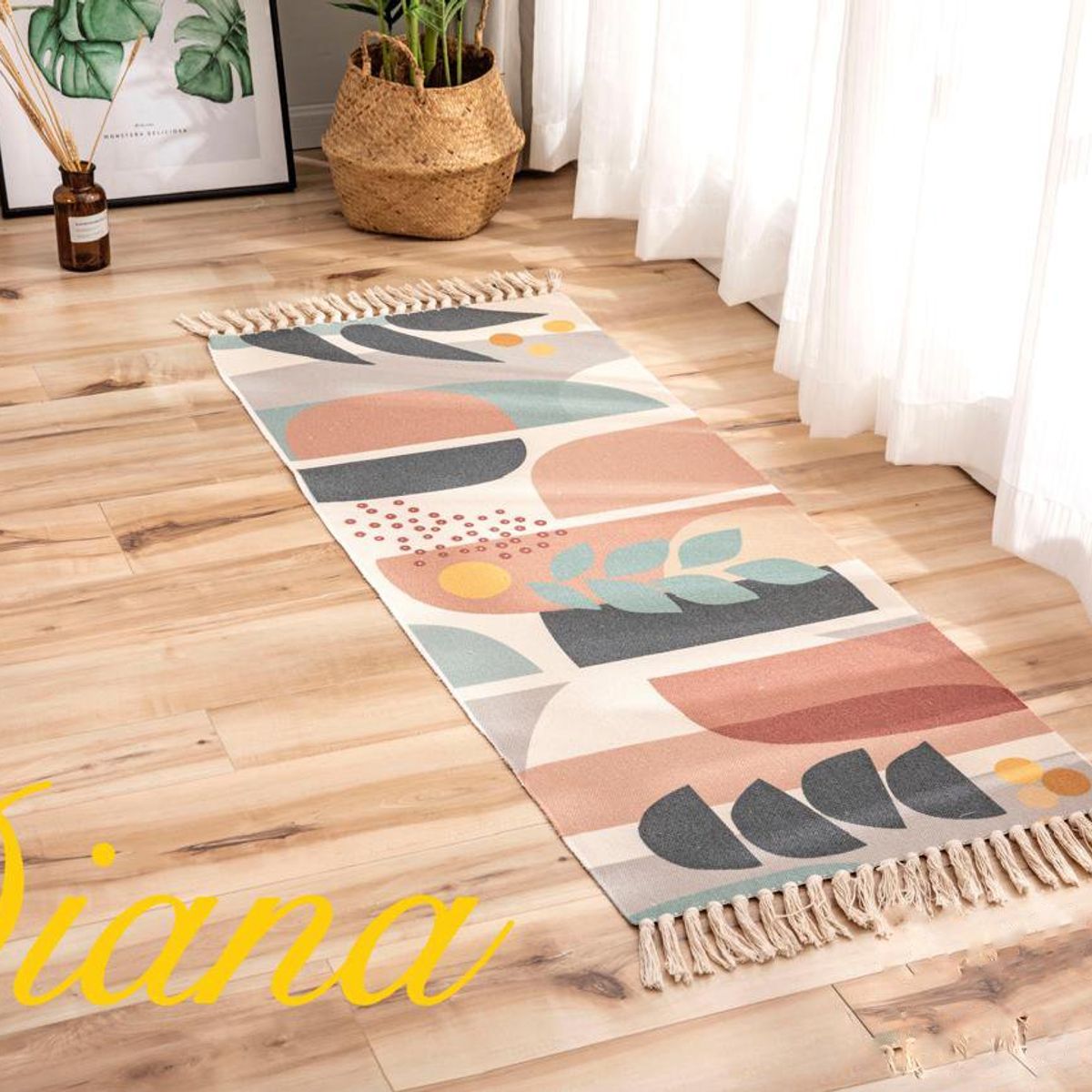 DIANA - BAJADA DE CAMA ALFOMBRA DE ALGODON Y LINO 60CM X 150CM CON DISEÑO HOJAS