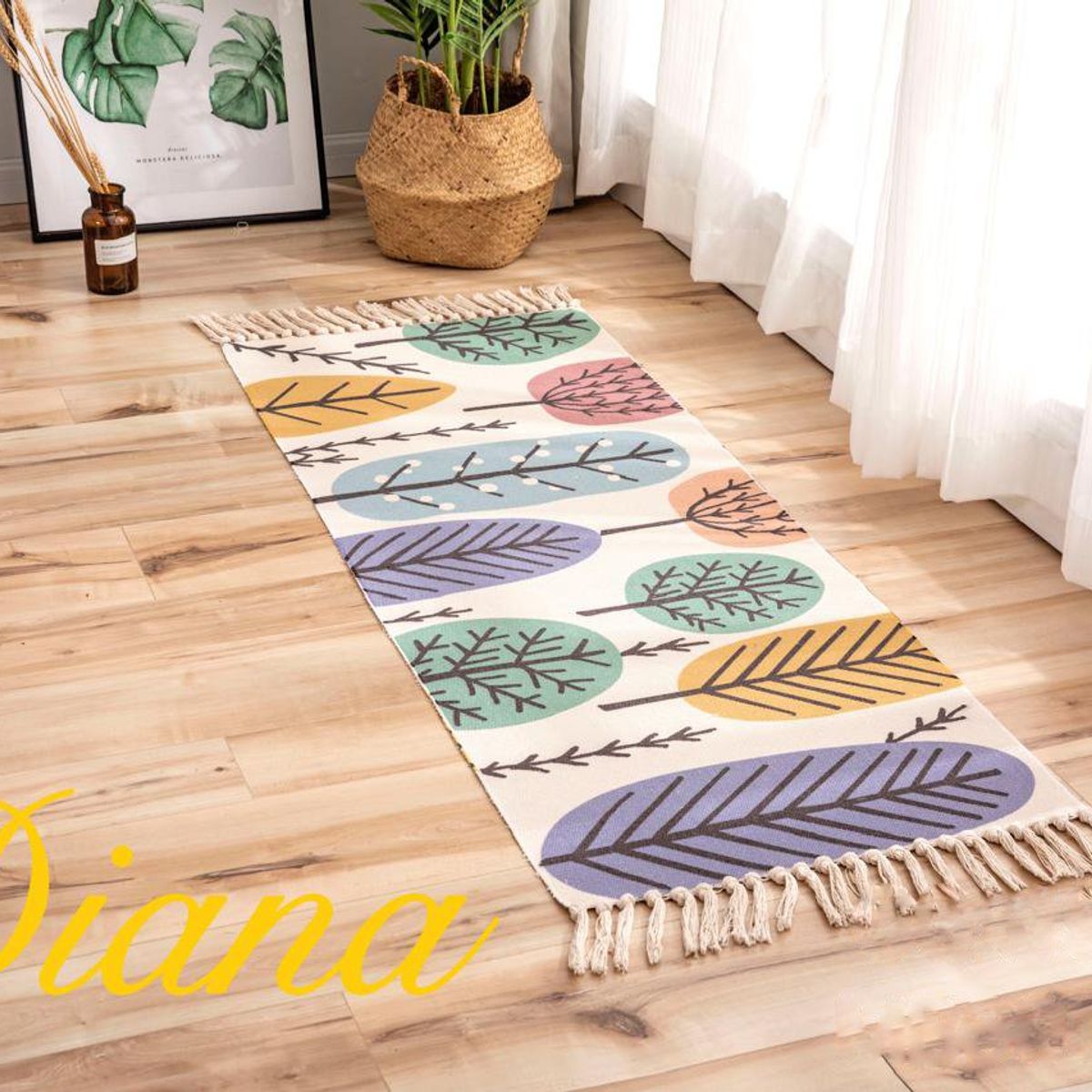 DIANA - BAJADA DE CAMA ALFOMBRA DE ALGODON Y LINO 60CM X 150CM CON DISEÑO ESTILOS HOJAS