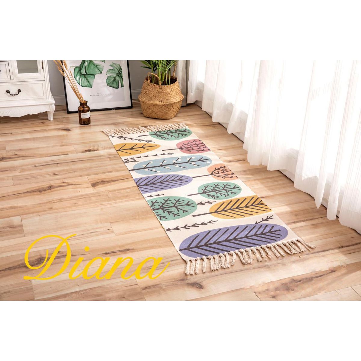 DIANA - BAJADA DE CAMA ALFOMBRA DE ALGODON Y LINO 60CM X 150CM CON DISEÑO ESTILOS HOJAS