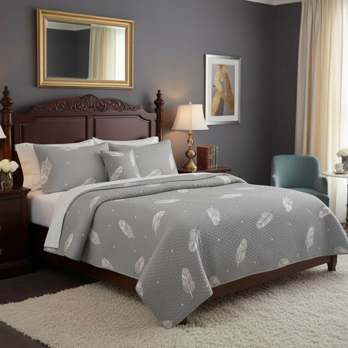 GENERICO - CUBRECAMA QUILT DE VERANO DELGADO DISEÑO GRIS HOJAS 1.5 PLAZA 100% ALGODON