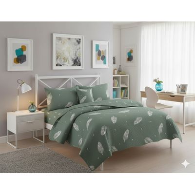 Imagen 2 del producto CUBRECAMA QUILT DE VERANO DELGADO DISEÑO VERDE PLUMAS 1.5 PLAZA 100% ALGODON