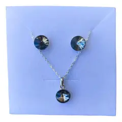 GENERICO - Conjunto Cristal Humo Gris Collar Dije Aros Plata 925 + Caja Plateado