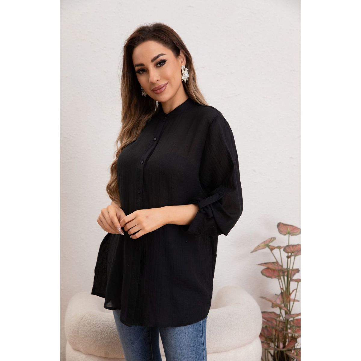 LIKE SHOP - Blusa Mujer Lino Algodón Premium Liviana manga Larga Cuello Mao 8055