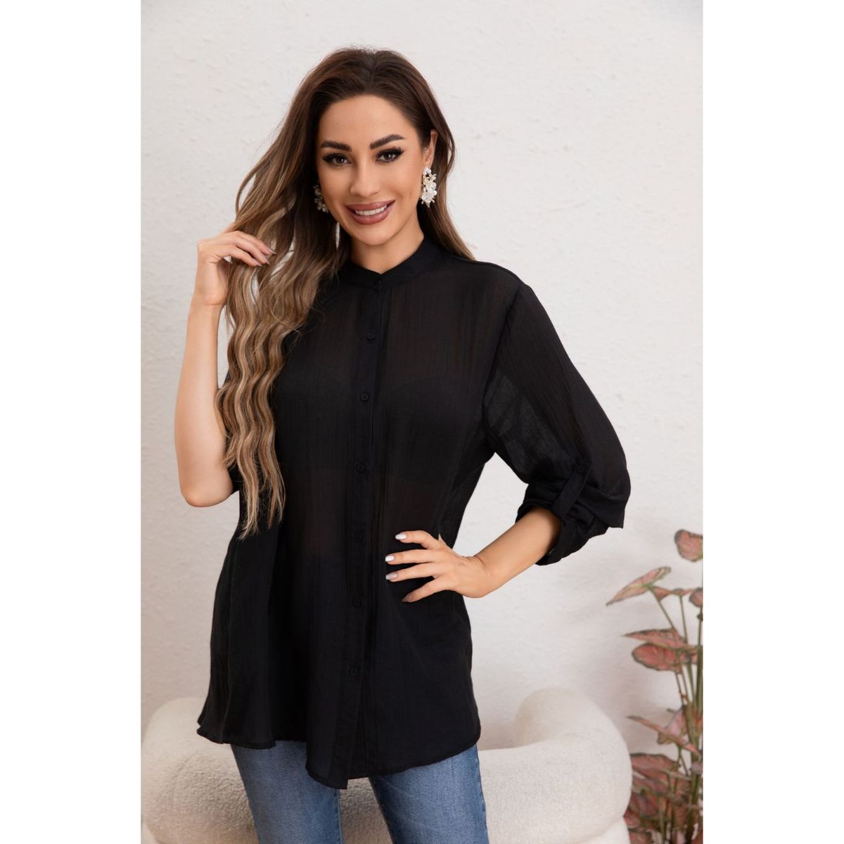 LIKE SHOP - Blusa Mujer Lino Algodón Premium Liviana manga Larga Cuello Mao 8055