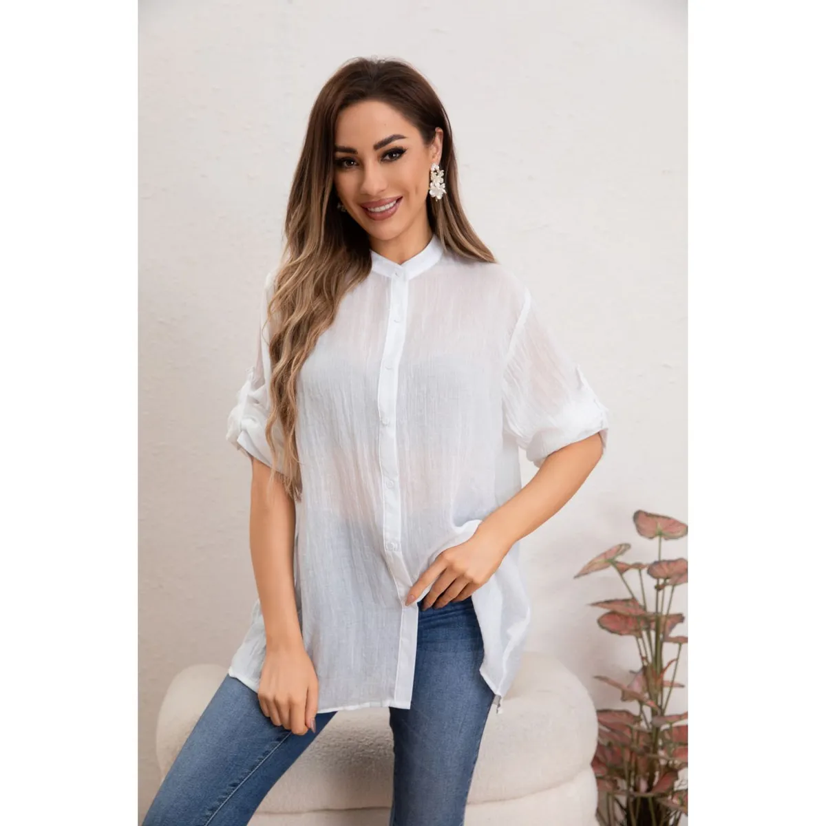 LIKE SHOP - Blusa Mujer Lino Algodón Premium Liviana manga Larga Cuello Mao 8055