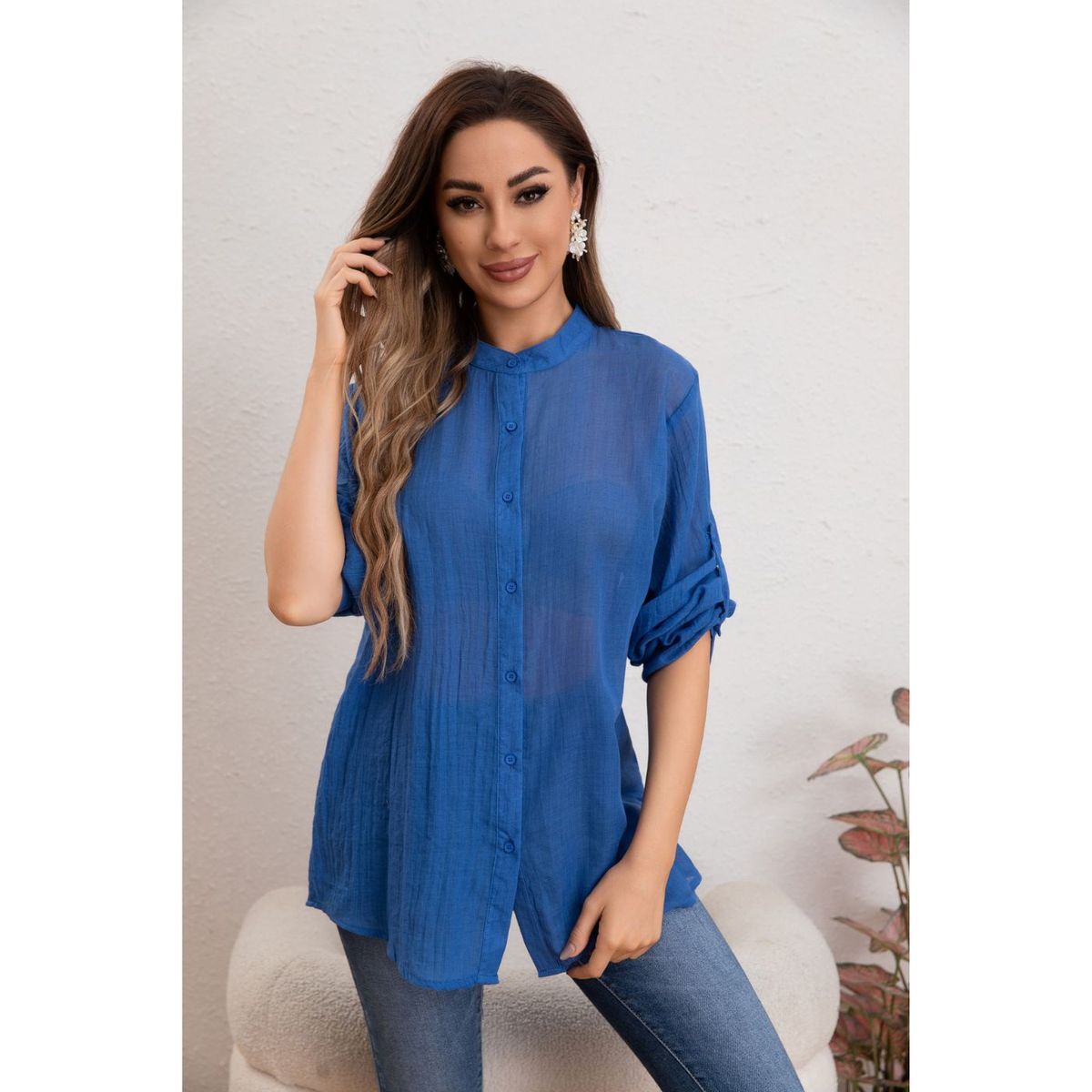 LIKE SHOP - Blusa Mujer Lino Algodón Premium Liviana manga Larga Cuello Mao 8055