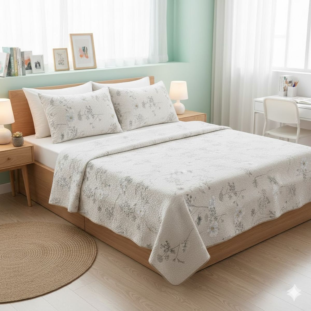 GENERICO - CUBRECAMA QUILT DE VERANO DELGADO DISEÑO FLORES BLANCA 1.5 PLAZA 100% ALGODON